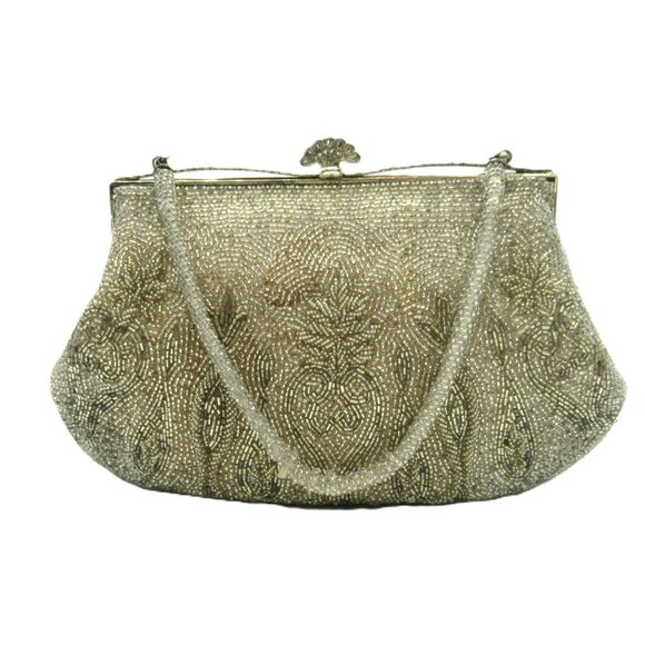 Antique Beaded Purse Heavily Beaded with Silvered Mercury Glass Beads Silver - Picture 2 of 12